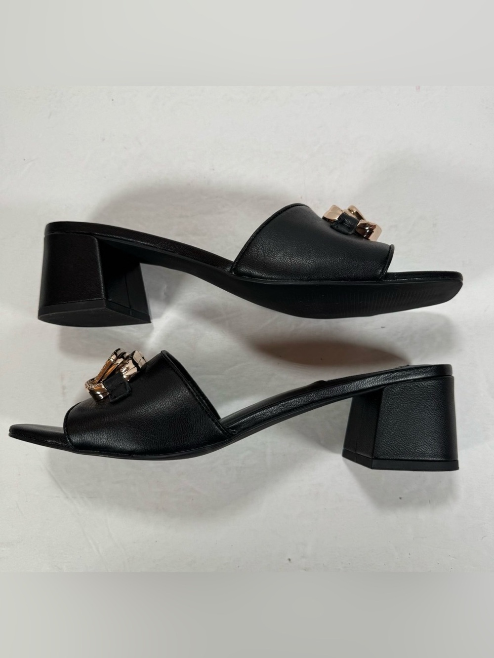 Steve Madden Santana Black Leather Gold Hardware Slide Sandals Women Size 10M - Picture 7 of 11